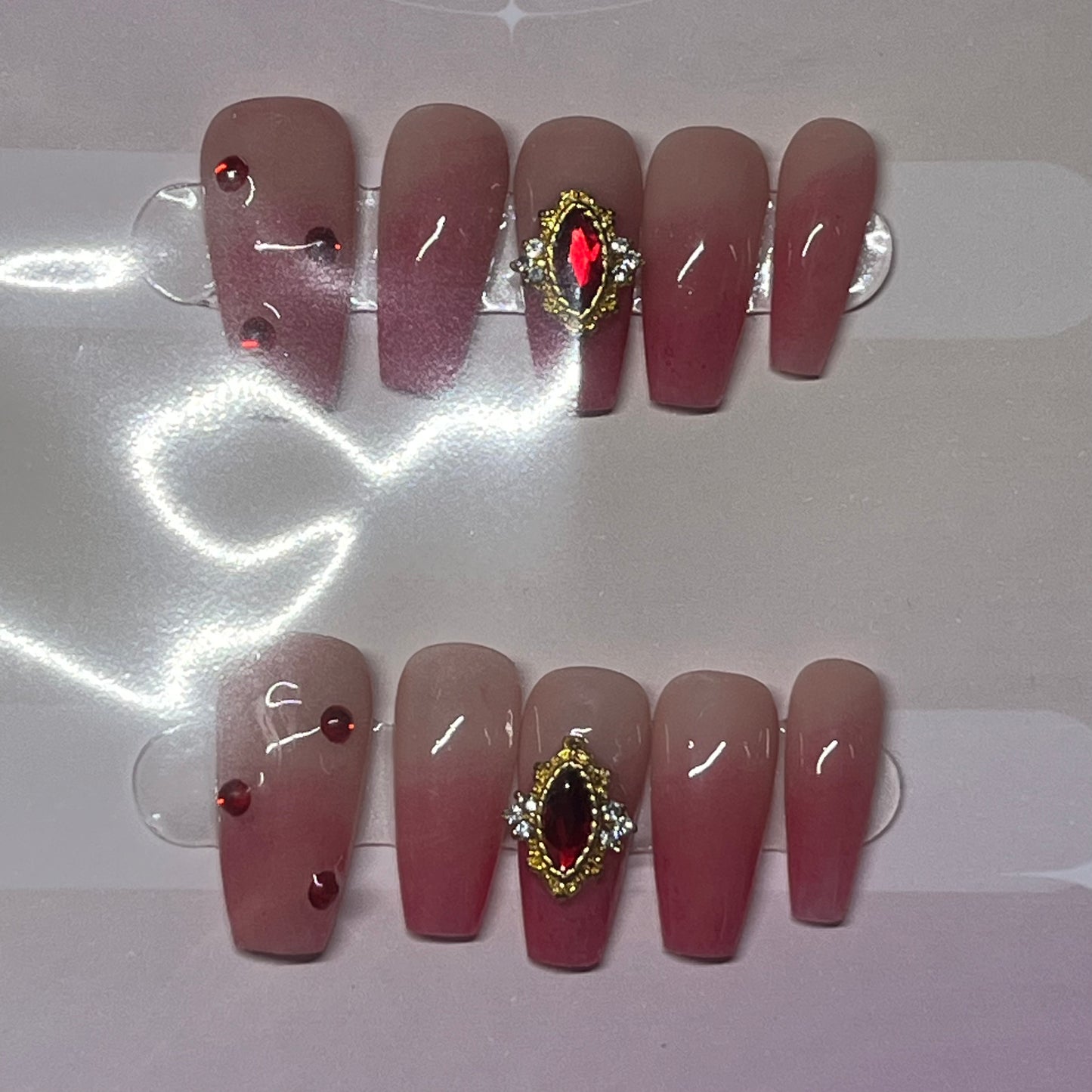 Peach Red Gem Nails