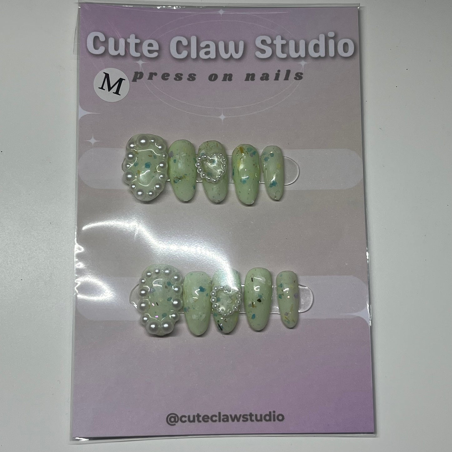 Green Pearl Heart Nails