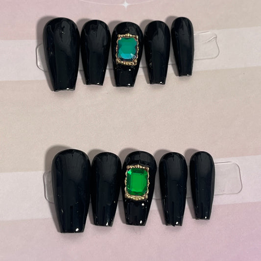 Black Coffin Green Gem Nails