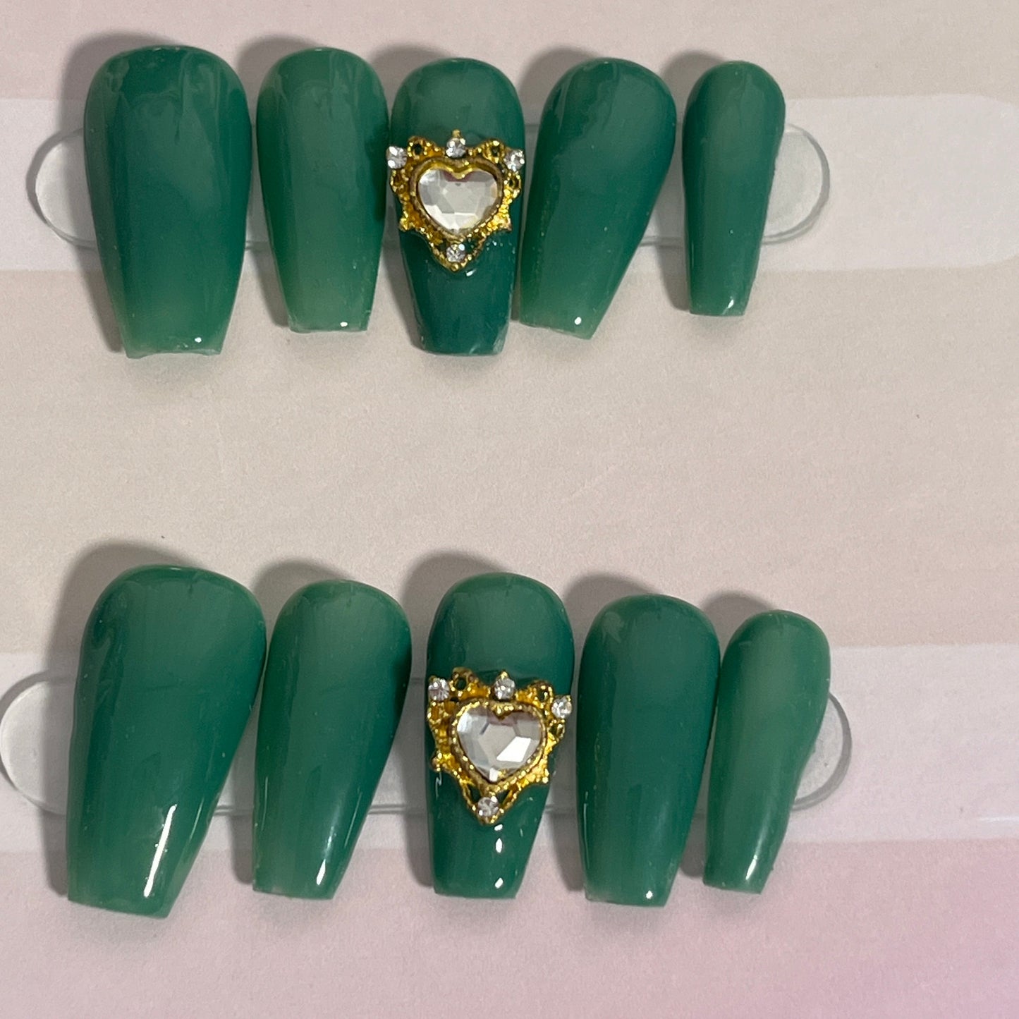 Green Heart Gem Nails