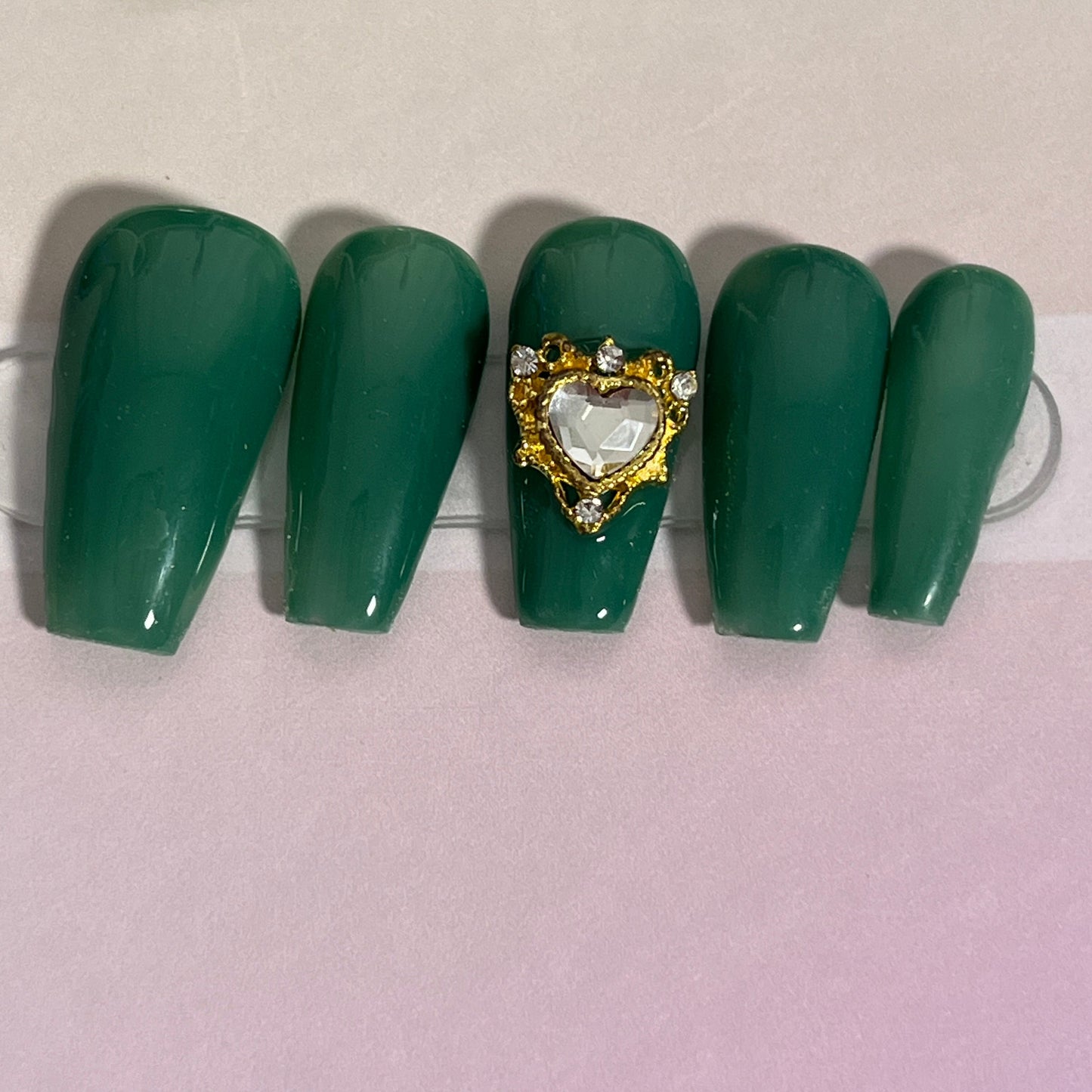 Green Heart Gem Nails