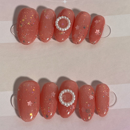 Pink Glitter Pearl Nails