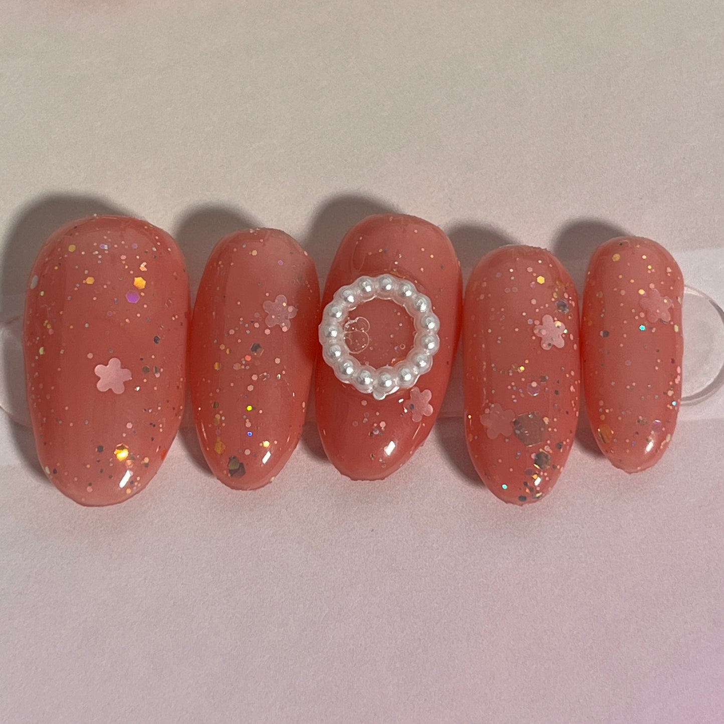 Pink Glitter Pearl Nails