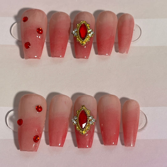 Peach Red Gem Nails