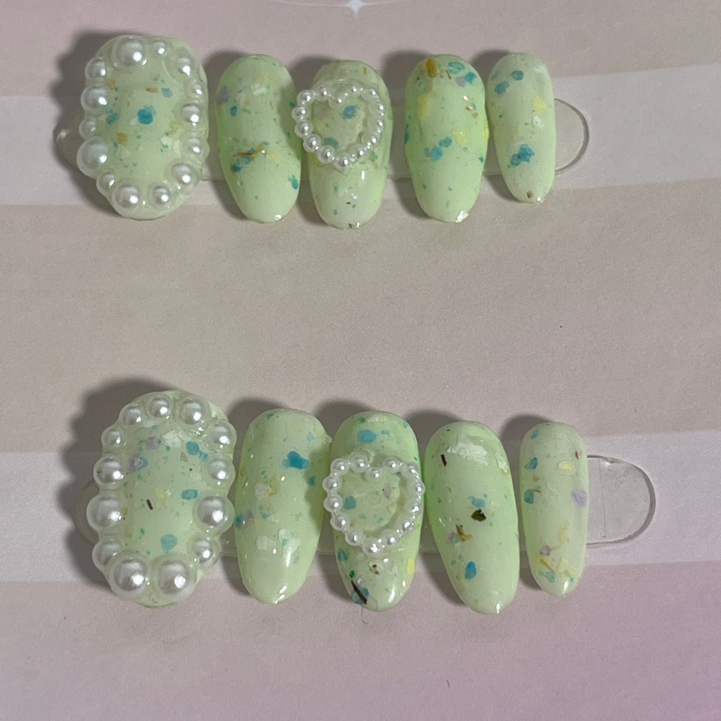 Green Pearl Heart Nails