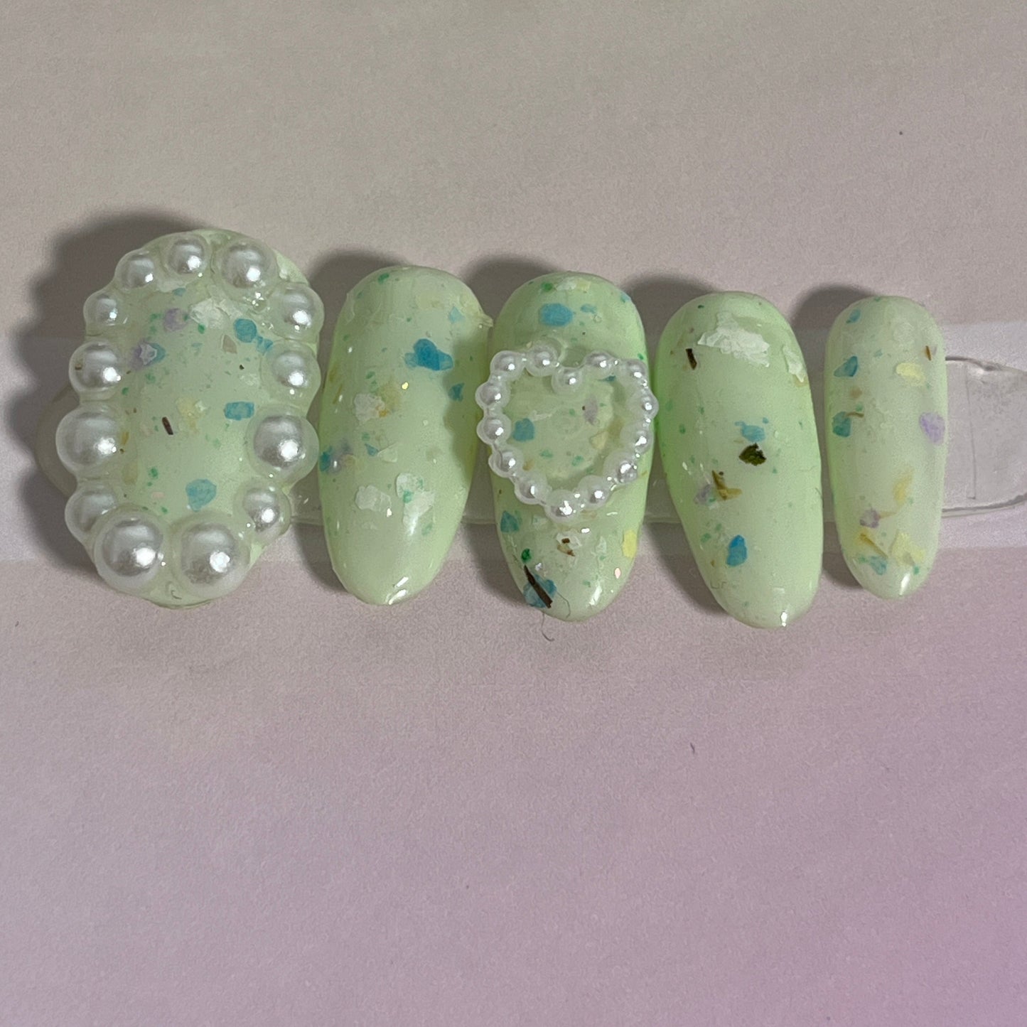 Green Pearl Heart Nails